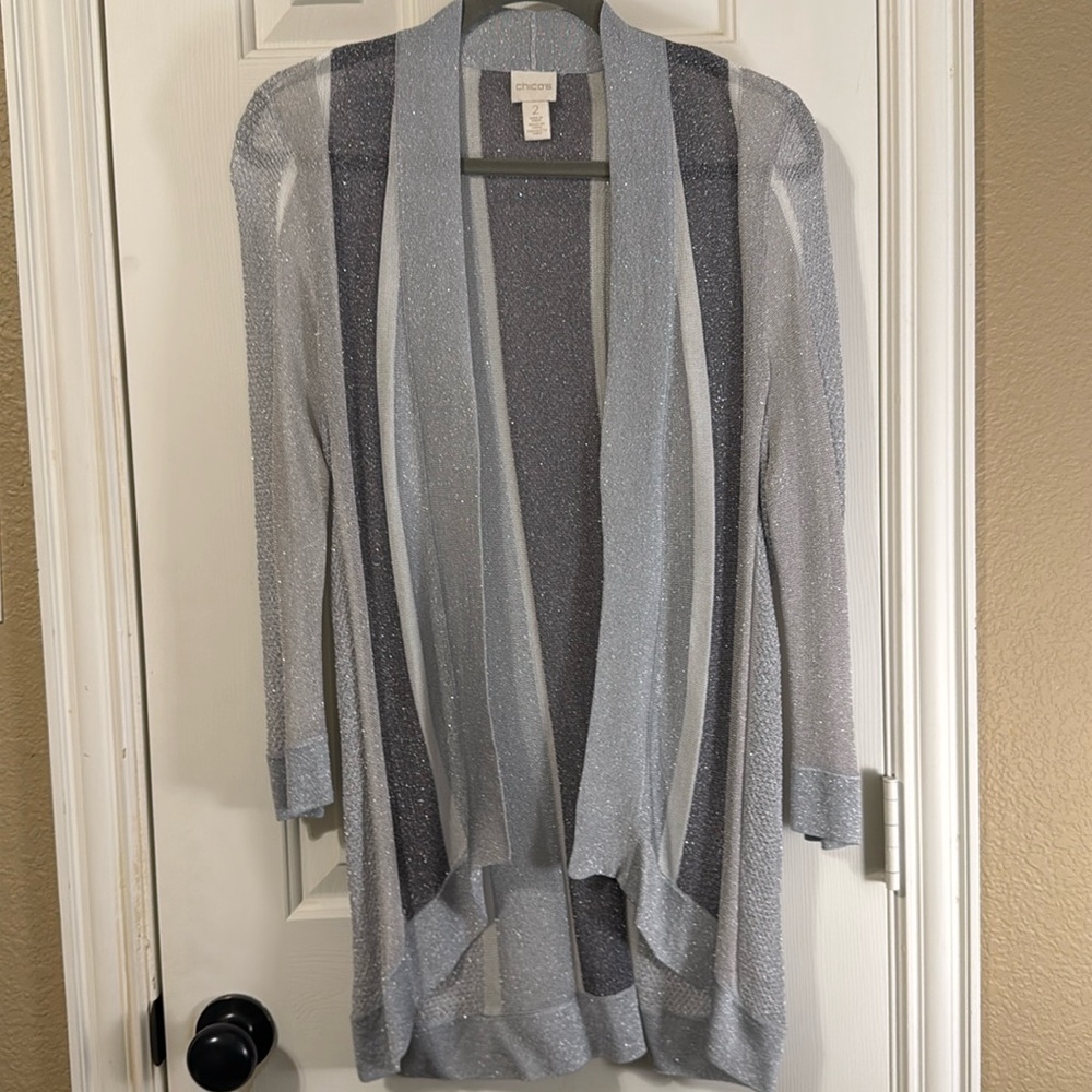 Chico’s Striped Metallic Knit Open Front Cardigan Gray Chico’s Size 2 (L/12)
